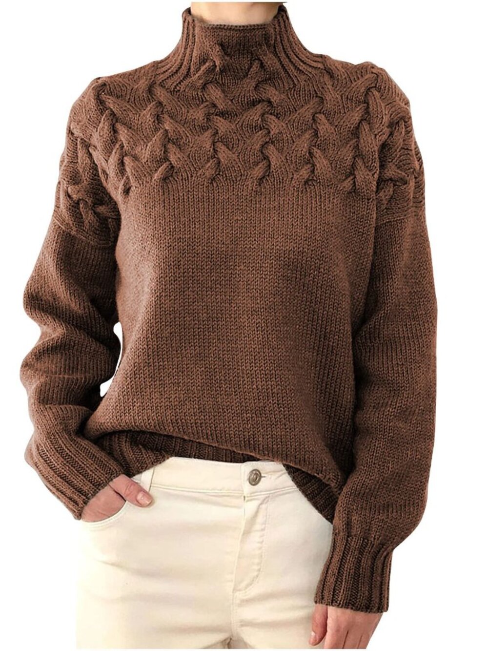 🆕 Cable Knitted Sweaters Women Mock Neck Chunky Knit Jumper Casual Trendy - Picture 2 of 2